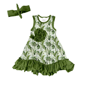 Vestido sin mangas de seda de leche para niña con diadema a juego, vestido para niña pequeña con estampado completo y dobladillo con volantes - Product Image 1