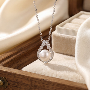 Elegant Teardrop Hollow CZ Large Freshwater Pearl Pendant Necklace <b>Silver</b> Plated Copper Jewelry Flame Shape <b>Choker</b> Women Bridal - Product Image 5