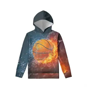 Sweatshirt à capuche unisexe motif de flamme de basket-ball imprimé à manches longues vêtements de sport vente en gros enfants sweat à capuche vierge dessin animé personnalisé