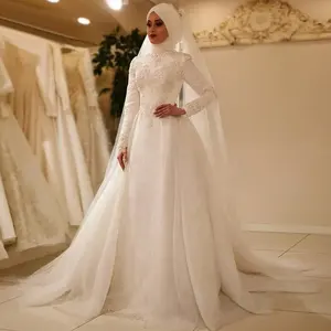传统阿拉伯长袖2021奢华穆斯林婚纱