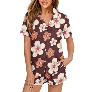 Grosir piyama musim panas motif Hawai Hibiscus kecantikan polinesian kustom set piyama & lengan pendek wanita cetak sesuai permintaan - Product Image 4