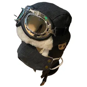 Phi công phi công đi xe đạp xe máy lông cừu da mùa đông ngoài trời ấm Beanie Hat Cap với earmuffs bảo vệ kính mặt nạ