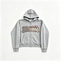 Hoodie Zip Up Acid Wash Flame Gothic Abu-abu Distressed Jiiioood Grafis Katun Tebal Pria Vintage Wash Streetwear Atasan