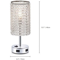 Lampe de table moderne en cristal avec double port de charge USB, base chromée, lampe de chevet, décoration intérieure pour chambre à coucher, salon, hôtel, projet