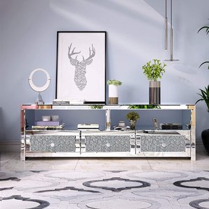Mobile TV Moderno a 3 Cassetti con Specchio e Cristalli, Consolle TV <span class=keywords><strong>Argento</strong></span>, Mobile TV per Soggiorno e Hotel - Product Image 2