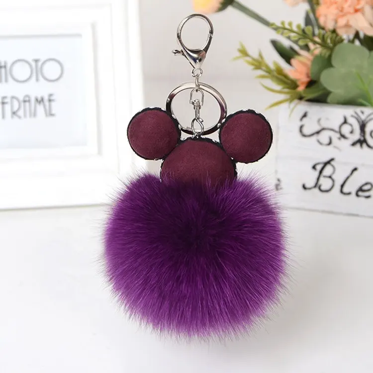 Real Fox Fur Pom Pom Ball Keychain Handbag Tote Bag Gold Key Ring Pendant Charm