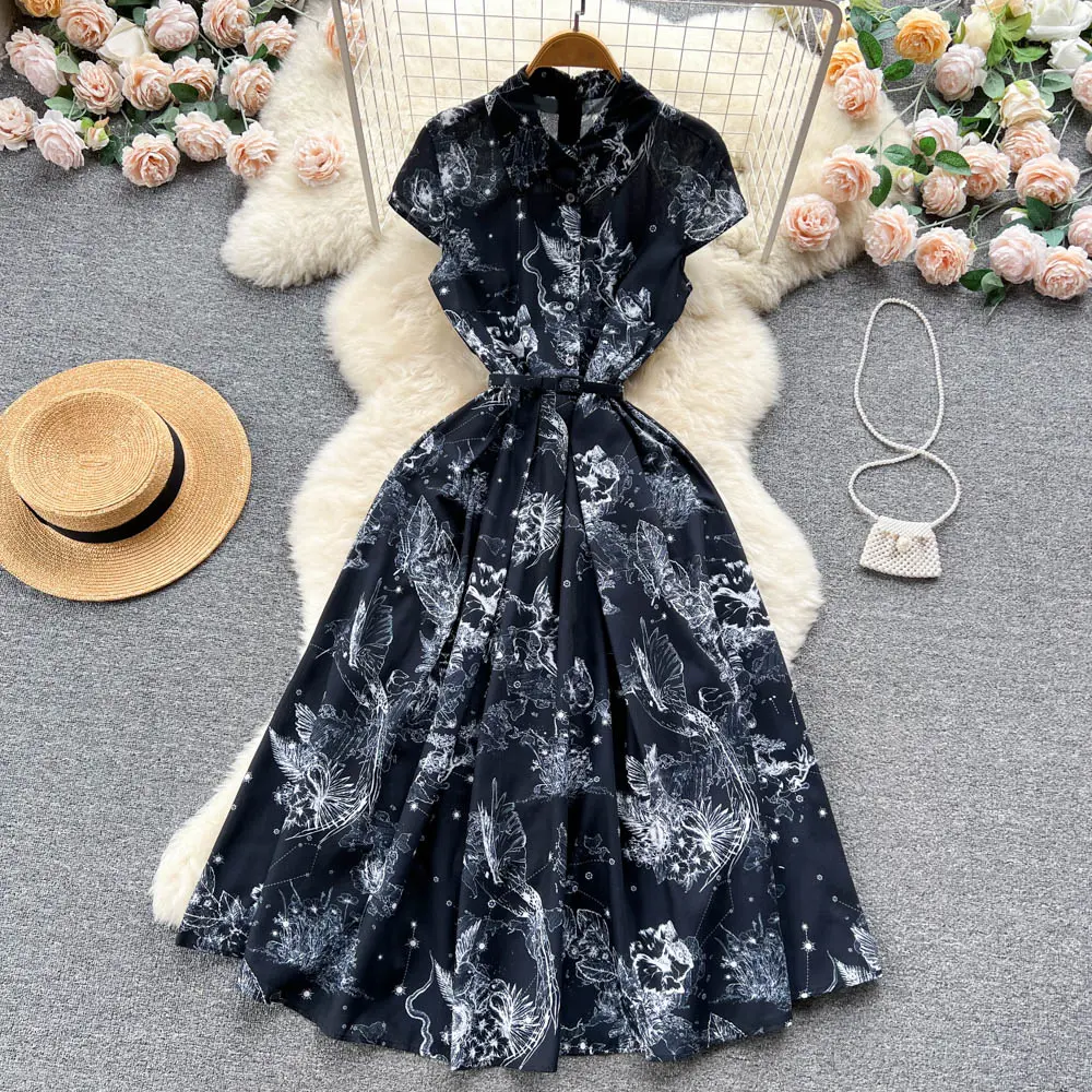 カスタマイズされた夏の新しいファッション半袖プリントミディアムレングスの大きなスイングスタイルのドレス黒白のノースリーブドレス