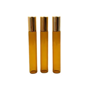 Whole sale 10ml amber roll on perfume bottle cylinder frosted lip gloss bottle glass oil bottle with aluminum lid