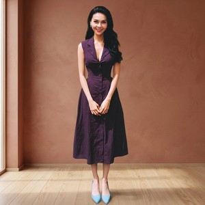 Robe midi élégante violette 100 % coton, style vintage, avec nœud, manches cloche, col en V, boutonnée sur le devant, coupe fourreau, pour usage quotidien décontracté, ourlet droit ample - Product Image 3