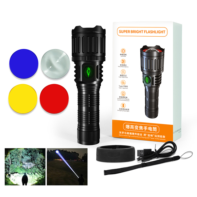 Foxhawk 3000 Lumens Rechargeable LED High-Power Bright Flashlight IP66 Waterproof Retractable Zoom Emergency Camping Flashlight