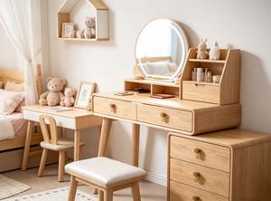 Premium Oak Combined Dressing Table Round <b>Mirror</b> Double Side Storage Cabinet Makeup <b>Vanity</b> Set With Cushioned Stool - Product Image 5