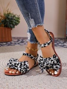 Summer Women Leopard Print Flat Sandals Sweet Big <b>Bow</b> Design Elastic Ankle Strap Casual Beach Sandals - Product Image 6