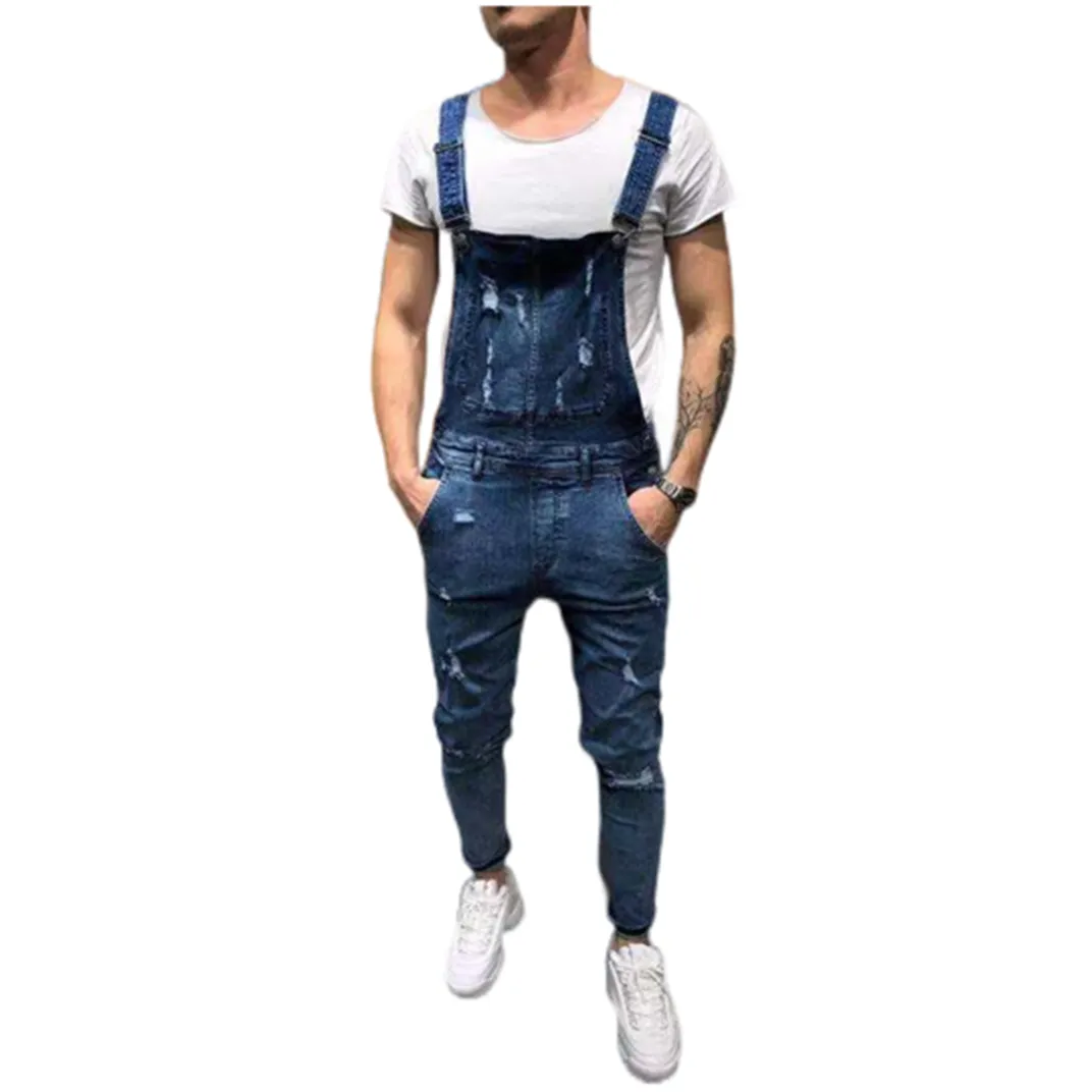 Fashion high quality one piece ripped Men's Denim dungarees Fashion worker ware man Jumpsuit romper with Pockets