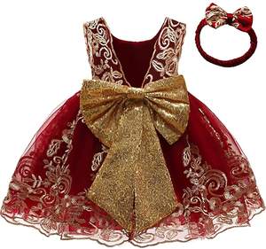 Robe de soirée tutu en dentelle brodée avec sequins et nœud papillon pour bébé fille, avec accessoire pour la tête - Product Image 5
