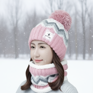 Go-033 Conjunto de gorro y bufanda de punto, 2 piezas, patrón geométrico teñido con hilo, acrílico, cálido para invierno, para adultos, talla mediana - Product Image 2