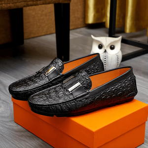 Mocasines de cuero negro repujado para hombre con hebilla metálica, zapatos casuales y formales sin cordones, hermessing - Product Image 3