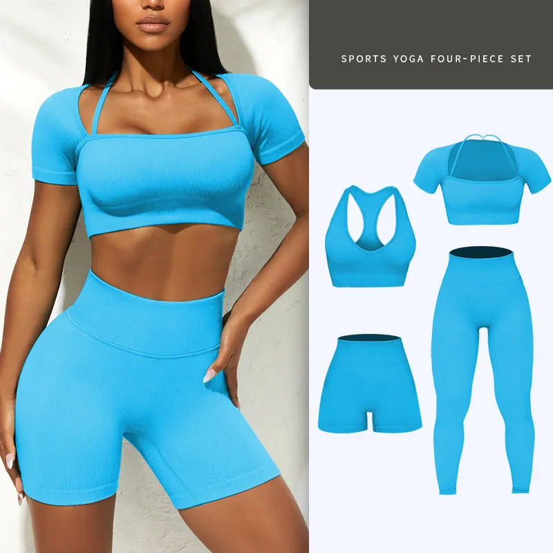 FLW Female Ladies Women 4 Piece Athletic Gym Clothes Seamless Active Wear Workout Clothing Sportswear For Women