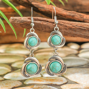 Pendientes Colgantes de Aleación de Bisutería de Moda, Chapados en Plata Antigua con Turquesa Engastada, Estilo Bohemia para Mujer - Product Image 4