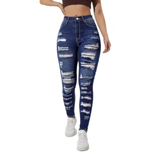 Jeans Ajustados Elásticos con Rasgaduras, Azul Oscuro, Cintura Alta, Pantalones de Mezclilla para Mujer, Comercio Electrónico Transfronterizo Europa América - Product Image 5