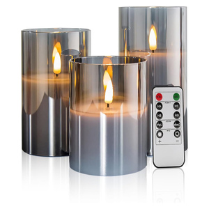 Home Decoration <b>Paraffin</b> Wax Glass Pillar Customized 3D Real Flame Remote Control LED Candle for Weddings Christmas Halloween - Product Image 1