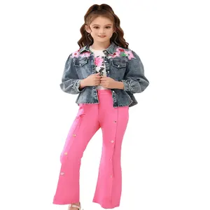 Wholesale New Trend Fashion Girls' Set Denim Coat Spring And Autumn New 2024 Middle East Little Girl 3 Piece Set