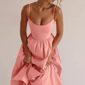 TIAN TIAN gaun kasual kerah U wanita, gaun elegan warna murni warna merah muda putih
