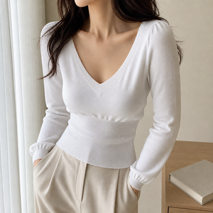 <span class=keywords><strong>Pull</strong></span> en maille ajusté pour <span class=keywords><strong>femme</strong></span>, élégant style français, col en V reworké, épaules bouffantes sculptées, en coton tricoté - Product Image 2