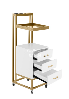 Chariot de Salon Blanc Doré avec 4 Supports pour Outils Chauffants, 2 Tiroirs, Plateau en Marbre – Chariot de Rangement Mobile pour Coiffure et Salon de Beauté