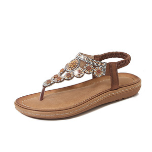 Elegant Floral Rhinestone T-Strap Flat <b>Sandals</b> With Back Strap Open Toe Slip-On Women's Summer Shoes - Product Image 2