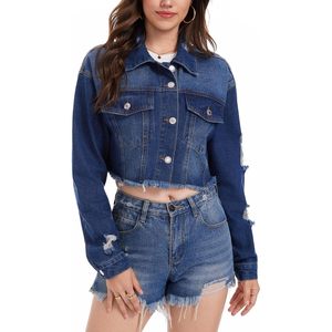 Veste en jean courte personnalisée pour femme, à manches longues, ourlet effiloché, boutonnée, tenue tendance - Product Image 4