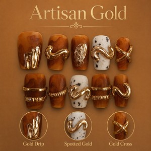 Faux ongles à presser en marbre marron avec accent doré, ensemble d'ongles carrés pour salon et soirées - Product Image 2