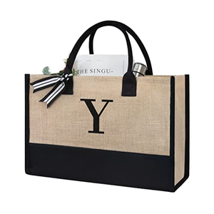 Sac fourre-tout en jute noir personnalisé pour femmes, idéal pour le shopping, les courses, le sport, le yoga, les fêtes, les cadeaux, avec initiales - Product Image 1