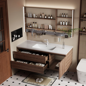 Mid-Century Walnut Wood Floating Bathroom <b>Vanity</b> Bathroom Cabinet with Smart LED <b>Mirror</b> Integrated Sink - Product Image 4