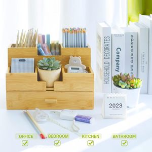 Organizador de Escritorio de Bambú Multifuncional de 3 Niveles con Cajón <span class=keywords><strong>para</strong></span> Almacenamiento de Papelería, <span class=keywords><strong>Maquillaje</strong></span> y Suministros de Oficina en el Hogar - Product Image 3