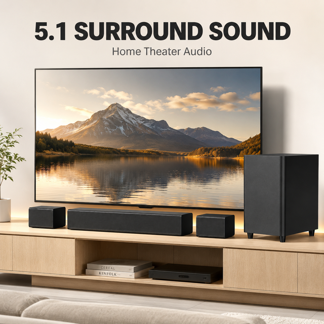 410W 3-Channel Sound Bar with Wireless Subwoofer and 2 Rear Speakers, HD EARC, Optical, AUX, USB, BT, 5.1 Soundbar for TV