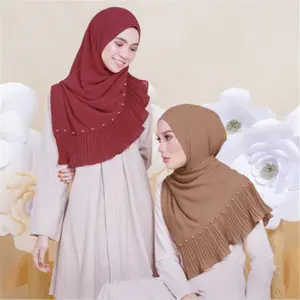 Wholesale Supplier Pearl Tudung Chiffon Arab Pleated Wrap Scarf Pure Color Creased Stitching Islamic Hijabs For Muslim Women