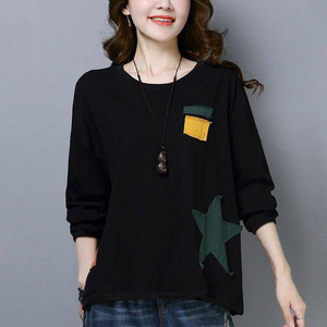 Women's Cotton Long Sleeve Loose T-Shirt Plus Size Round Neck <b>Patchwork</b> Star Applique Casual Autumn Spring Korean Style <b>Top</b> - Product Image 3