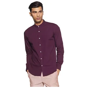 Arabian Men's Casual Wear Dress Shirts For Men Maroon Color Full Sleeves Button Closure Shirts With Custom Label