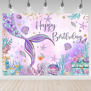 Décor de fond d'anniversaire sirène, décorations de fond d'anniversaire sur le thème de <span class=keywords><strong>l</strong></span>'océan, bannière murale de fête d'anniversaire pour <span class=keywords><strong>petite</strong></span> fille sirène - Product Image 1