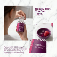 Gummies à la biotine Tiora 10000 mcg pour les cheveux, la peau et les ongles, saveur framboise naturelle, végétaliennes, complément alimentaire pour femmes