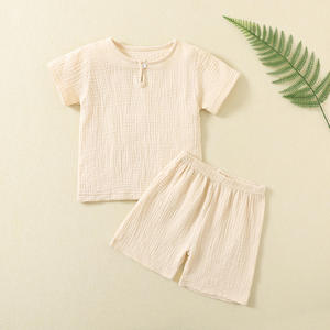 Ensemble Bébé INS Été Fin <span class=keywords><strong>Double</strong></span> Couche Couleur Unie Coton <span class=keywords><strong>Gaze</strong></span> Vêtements Enfant Deux Pièces Tenue d'Intérieur Climatisation - Product Image 2