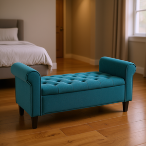 Panca contenitore imbottita color verde acqua con bottoni, braccioli arrotolati, gambe in legno, contenitore per il fondo del letto, 50 pollici, rivestimento in tessuto - Product Image 2
