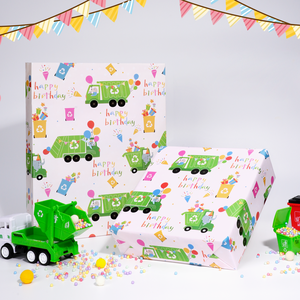 Papel de Regalo Reversible con Diseño de Camión de Basura para Niños, con Estampado de Letras de Feliz Cumpleaños y Puntos Amarillos, para Cajas de Regalo y Manualidades - Product Image 4