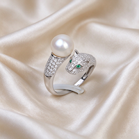Bague ouverte tête de léopard en argent S925 plaqué or blanc, micro-pavée de zircons, réglable avec perle, pour la fabrication de bijoux
