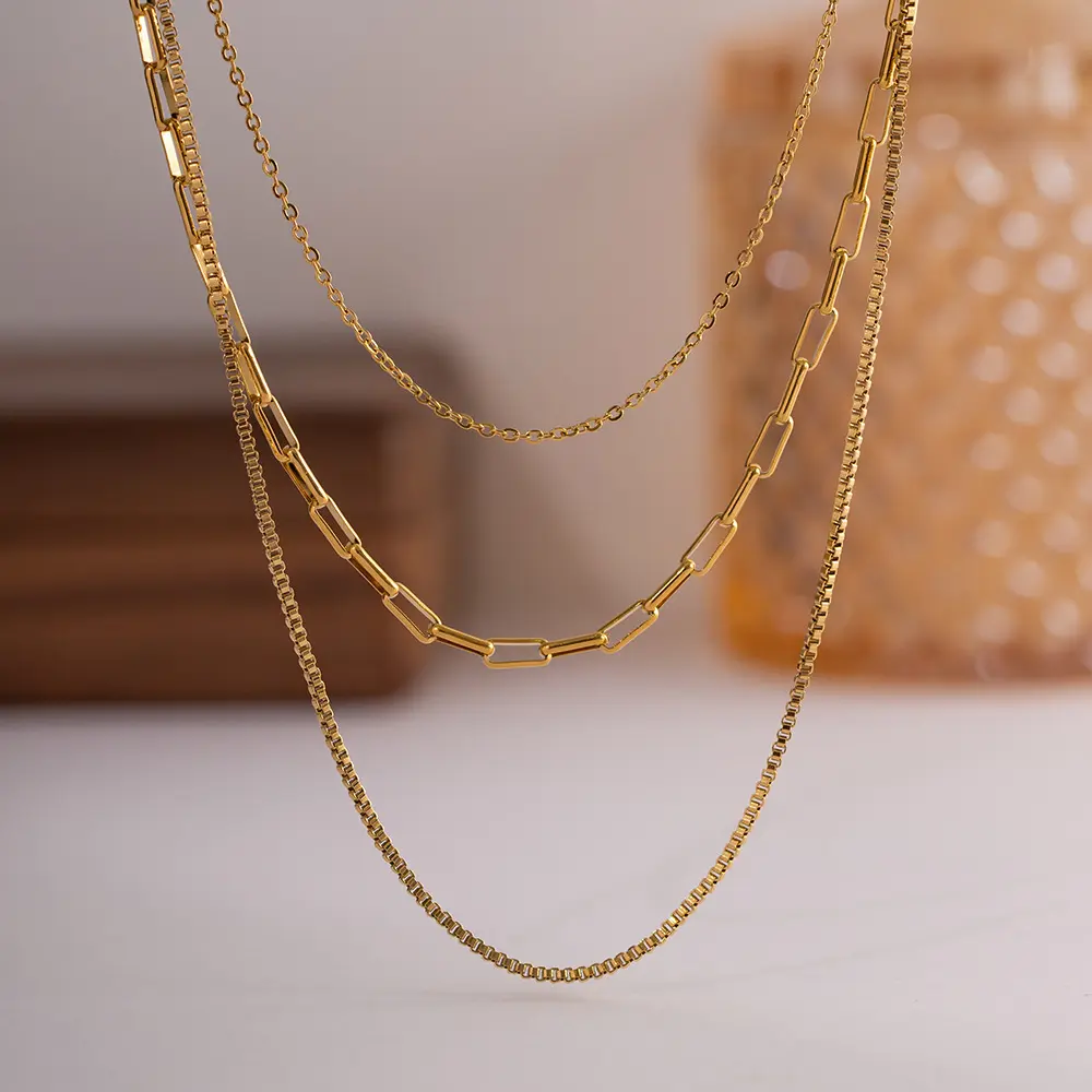 MICCI Wholesale INS Vintage Style 18K Gold Plated Paper Clip Chain Layered Necklace Stainless Steel Chain Three Layer Necklace