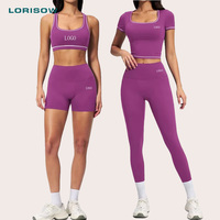 Ensemble de sport 4 pièces LORISOW personnalisé avec logo pour femme – Tenue de fitness moulante à manches courtes et taille haute
