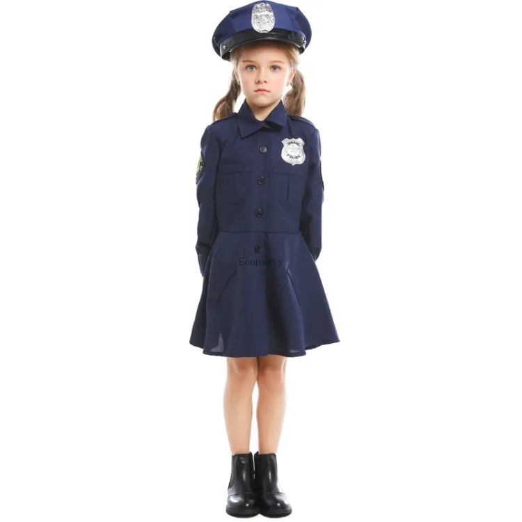 लड़की की पोशाक हेलोवीन पुलिस वाले बच्चों ड्रेस अप आउटफिट सेट गहरे नीले रंग का कॉस्टयूम बच्चों के लिए ecoparty