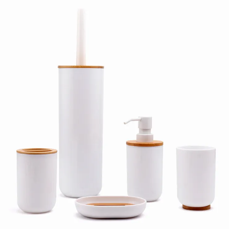 Modern beyaz plastik ve bambu köpük el sabun dağıtıcısı banyo aksesuarları seti 5 adet