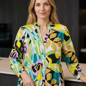 Robe midi à imprimé floral, manches longues, col en V ajusté, en rayonne tissée respirante et écologique, ourlet évasé, style vintage coupe trapèze, pour l'extérieur et le quotidien - Product Image 4