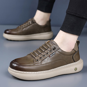 Baskets blanches pour hommes à talon bas, semelle souple, chaussures décontractées en cuir, lacets avant, couleur unie, style jeune - Product Image 3